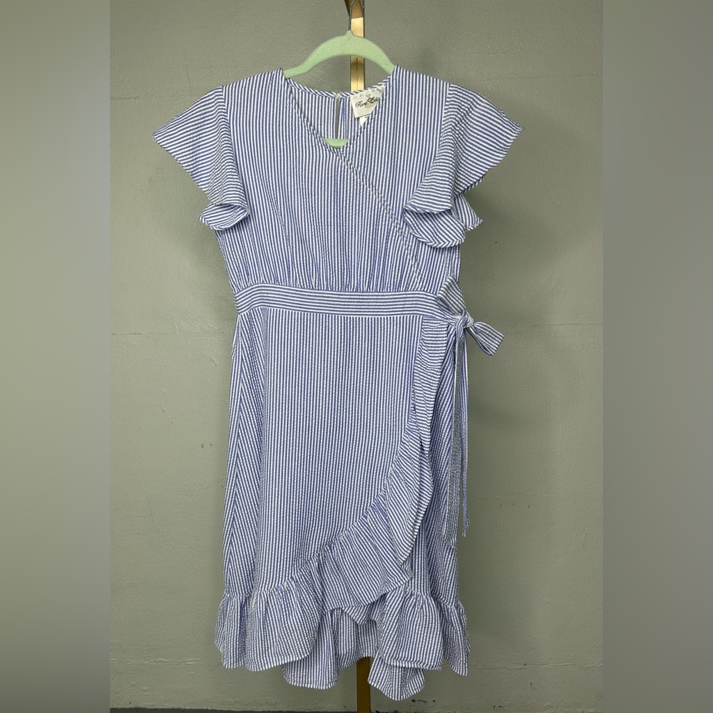 Rare Editions Blue and White Seersucker Dress Girl’s Size 16 Faux Wrap Dress